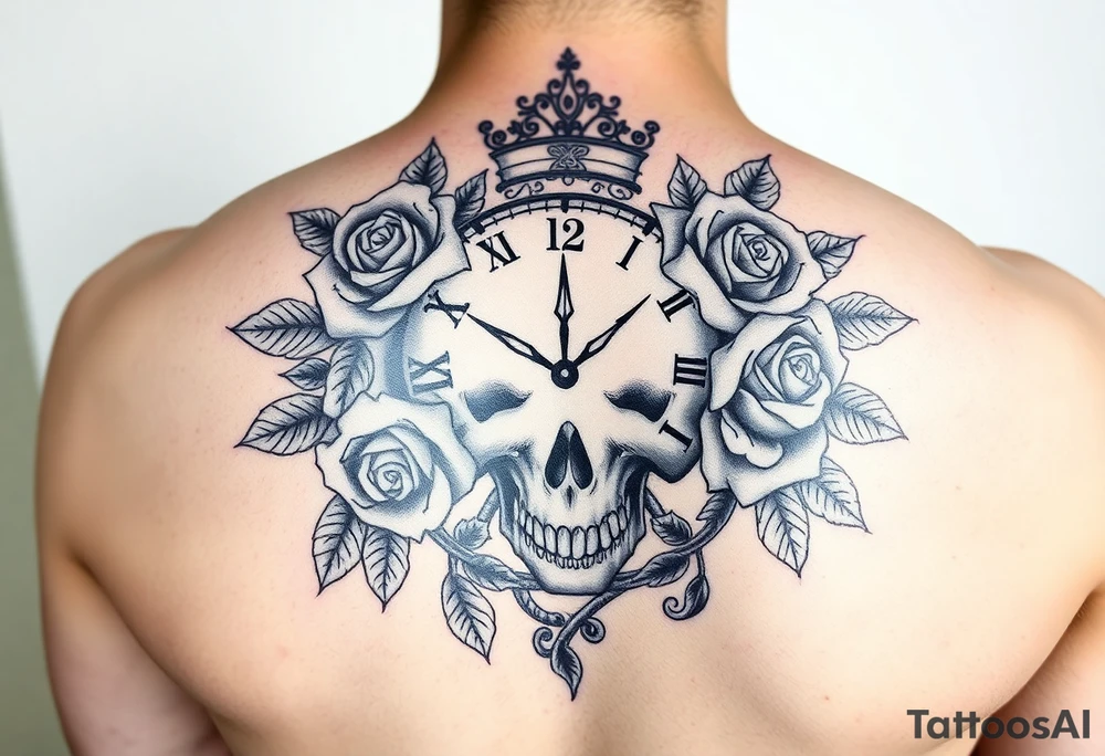 Clock face 11:43 as set time. With roses and skull tattoo idea