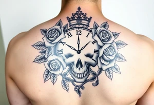 Clock face 11:43 as set time. With roses and skull tattoo idea
