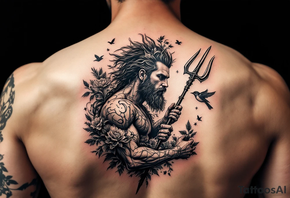 man with a trident, surrounded by floral ornaments and birds tattoo idea