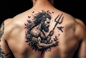 man with a trident, surrounded by floral ornaments and birds tattoo idea