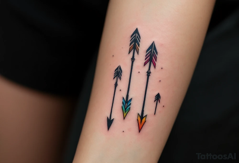 Tribal-style arrows in black with colored tips on the forearm point toward your shared journey. tattoo idea