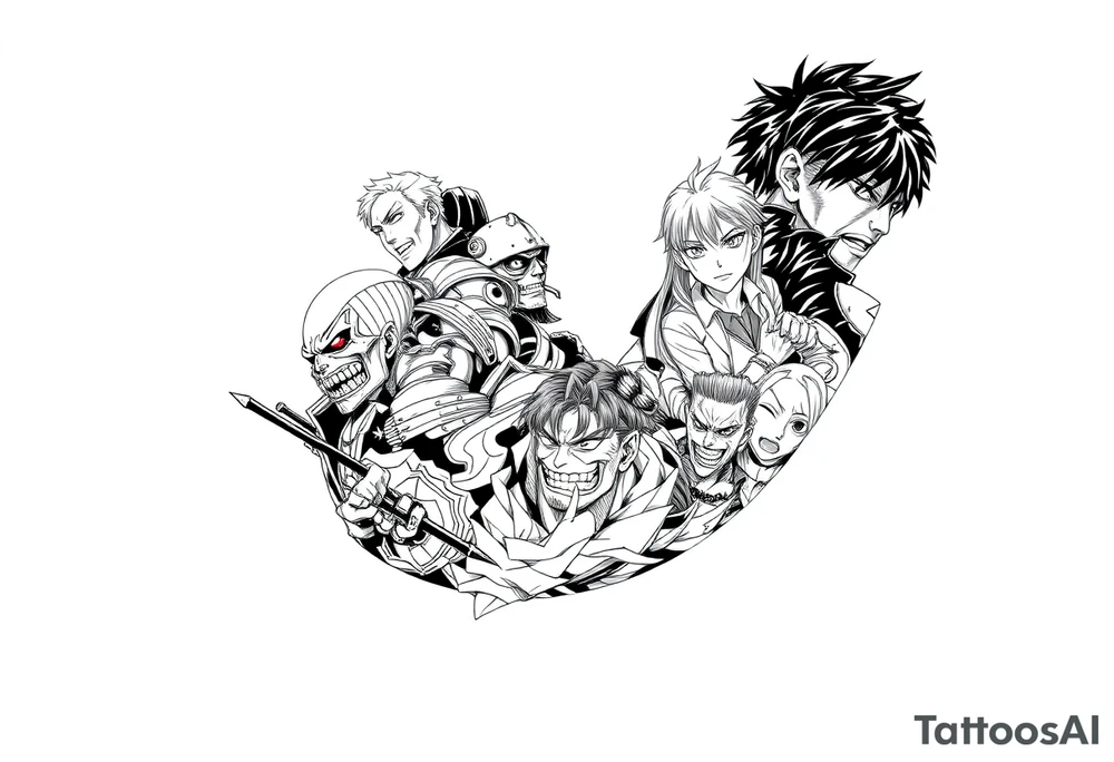 Battle royal anime sleeve with several characters from different Manga tattoo idea