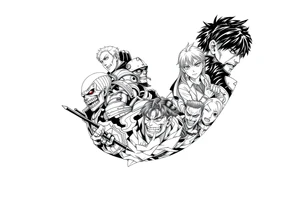 Battle royal anime sleeve with several characters from different Manga tattoo idea