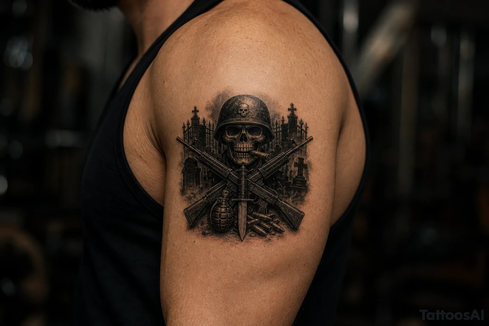 Dark fantasy graveyard, skull in helmet, cigar, crossed rifles, knife, grenade, cartridges. tattoo idea