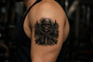 Dark fantasy graveyard, skull in helmet, cigar, crossed rifles, knife, grenade, cartridges. tattoo idea