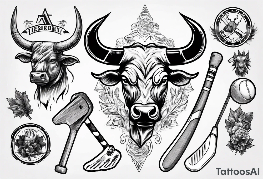 A design that includes a bull head trees and an ice hockey stick tattoo idea