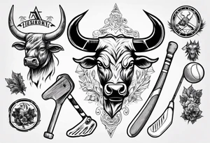 A design that includes a bull head trees and an ice hockey stick tattoo idea
