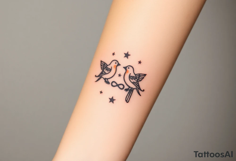 two birds sitting, stars and infinity theme tattoo idea