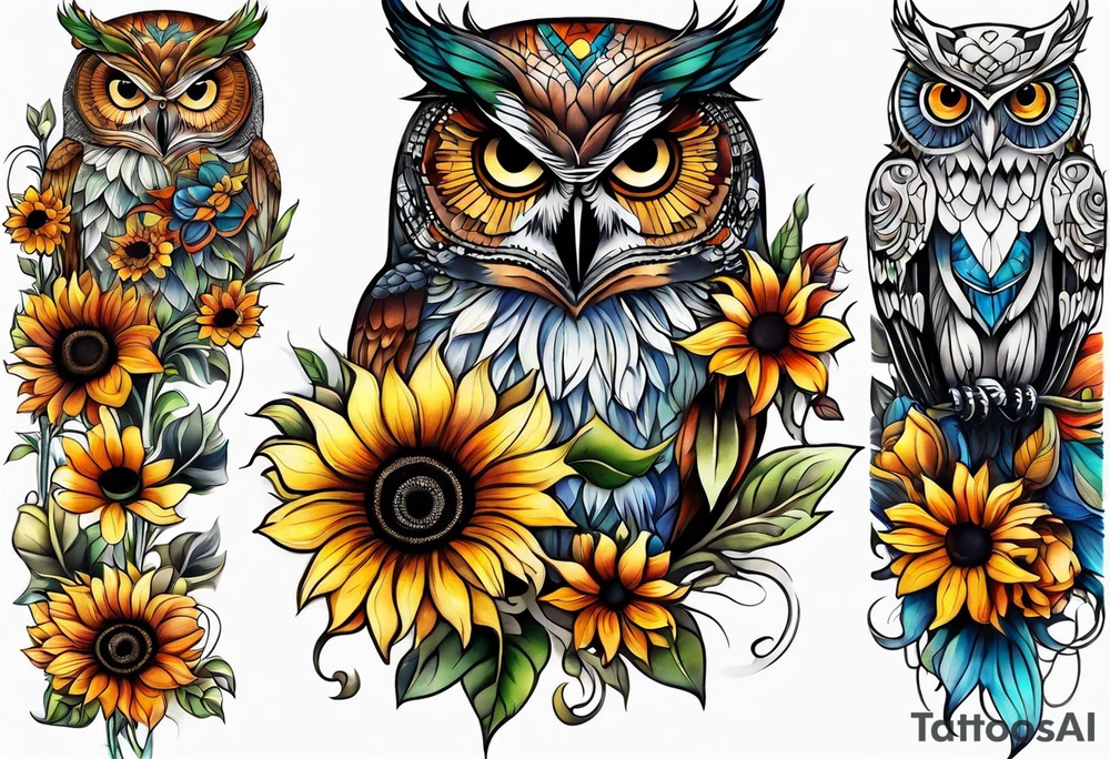 Leg sleeve with colorful sunflowers and an owl tattoo idea