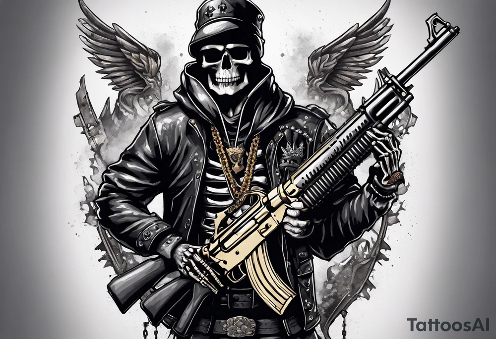 image of a skeleton standing frontally with a crown on his head, holding an AK-47 on his shoulder with his right hand. The chain on the left should be taut, there are three angry barking Dobermans in it, near the waist tattoo idea
