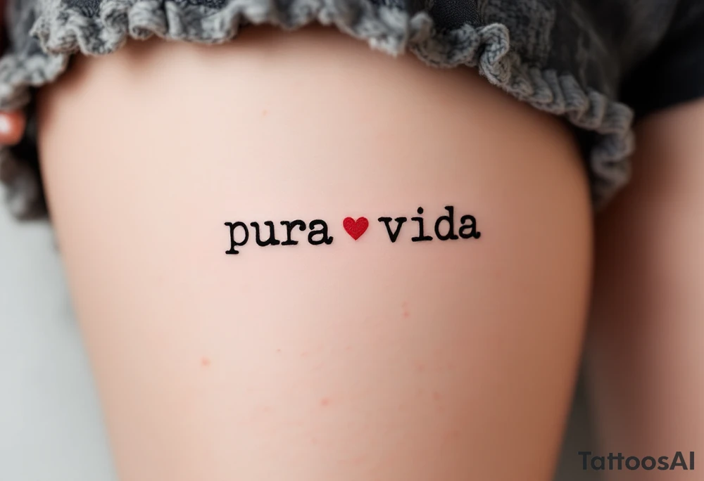 Tiny “Pura Vida” in typewriter font with a single delicate red heart replacing the dot on the “i.” tattoo idea