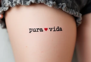 Tiny “Pura Vida” in typewriter font with a single delicate red heart replacing the dot on the “i.” tattoo idea