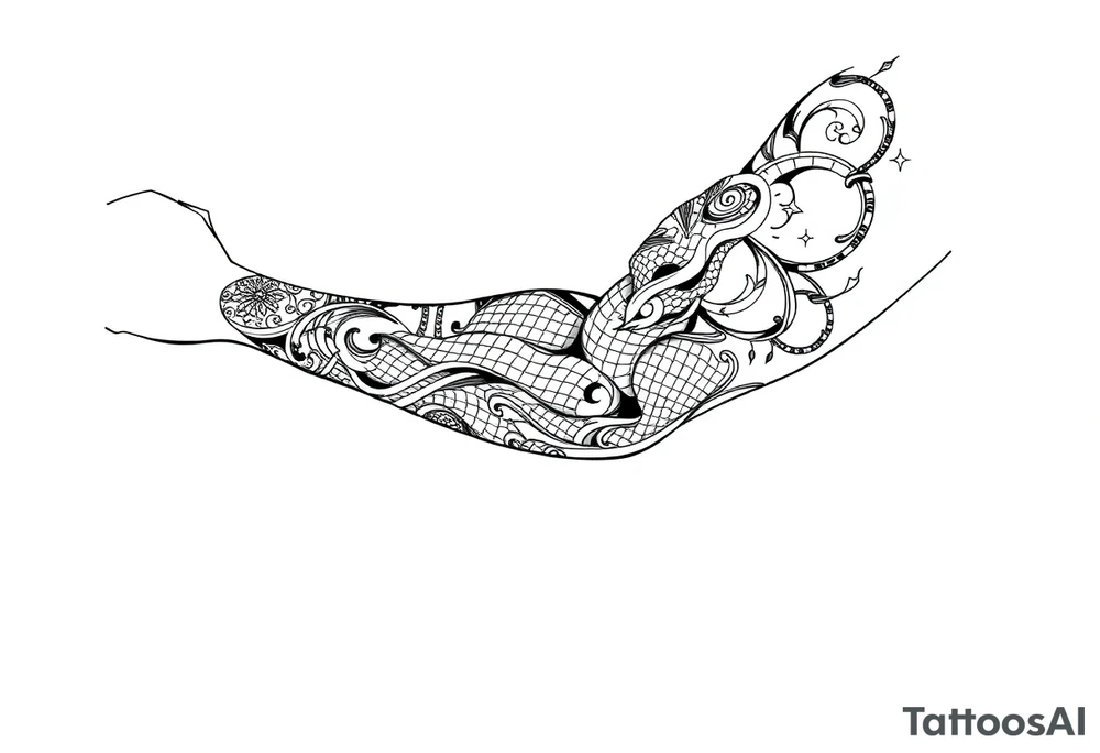 Sicilian Forearm tribal sleeve with patterns and symbols with snake scales tattoo idea