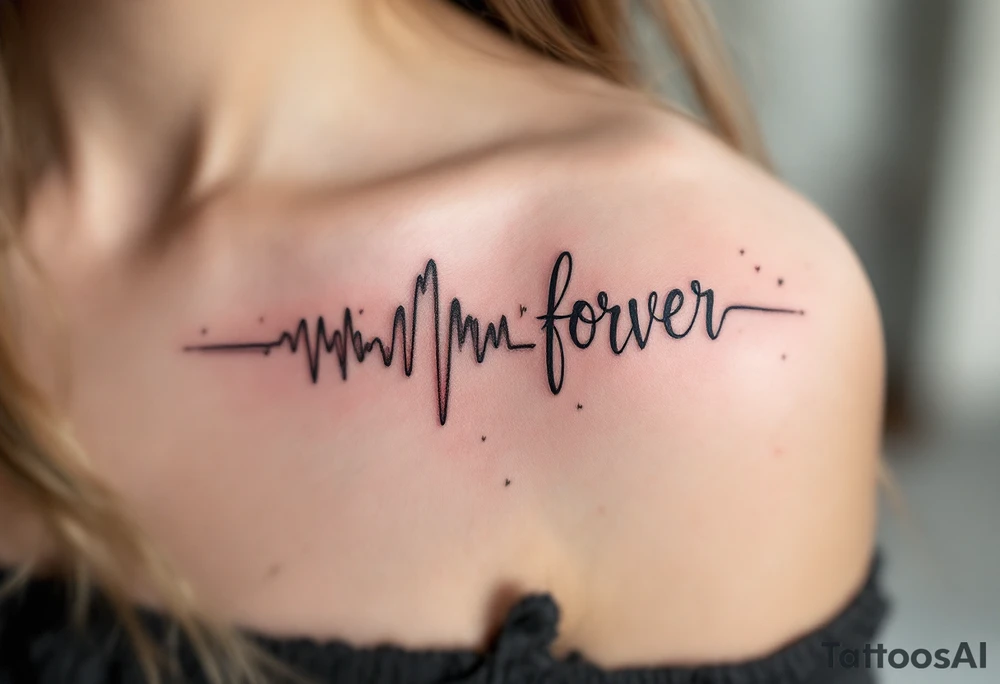 "Forever" styled like a music waveform, in grayscale with faint notes surrounding it. tattoo idea