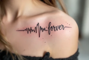 "Forever" styled like a music waveform, in grayscale with faint notes surrounding it. tattoo idea