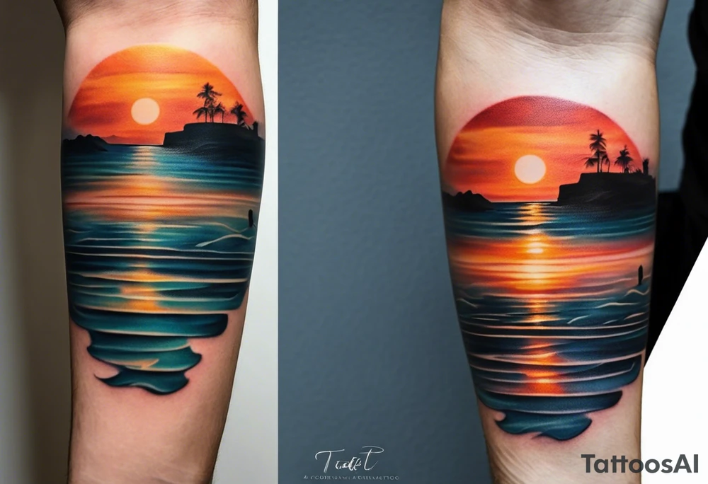 Minimalistic tattoo on male forearm. From the perspective of being on the ocean, the water is calm, with no waves in sight, the sun is setting behind the ocean, reflecting light onto the water. Most importantly, the tattoo in the shape of a rectangle, 4 inches wide by 2 inches tall. tattoo idea