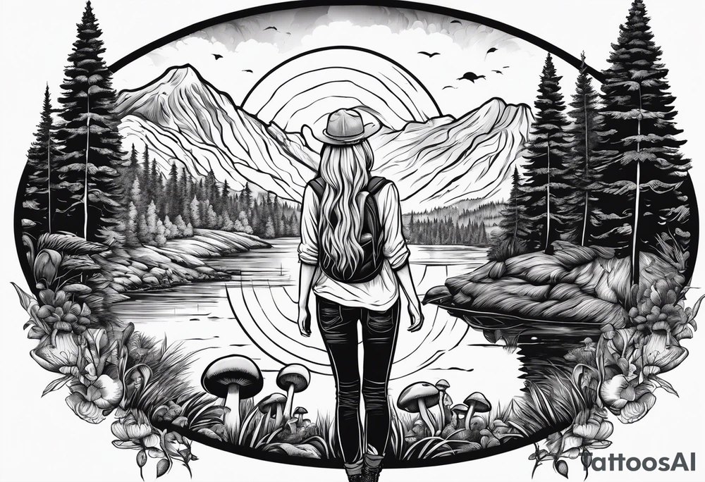 Whole picture encircled fully

Straight long blonde hair hippie girl in distance holding mushrooms in hand facing away toward mountains and creek surrounded by mushrooms long sleeve shirt and hiking pants; whole rendering within a full circle, no cut off circle tattoo idea