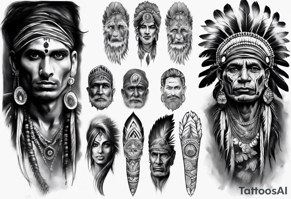 indian theme man face realistic leg sleeve tattoo idea