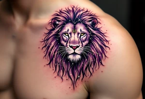 The Leo zodiac symbol in gold at the heart of a purple-hued lion formed by fine white star constellation lines across the shoulder blade. tattoo idea