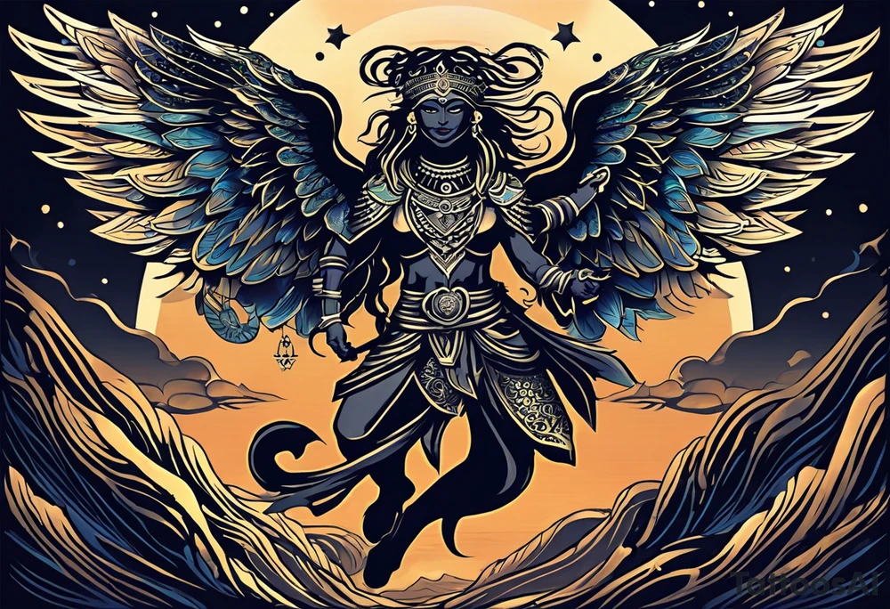 black kali, goddess pirate, alien, angel, pachamama, valkrye, warrior, flying, skull, lotus azul, wing, eagle, zenza resonance, stars, 5D, anahata chakra, death, durga, riding on a tiger, flying lady tattoo idea