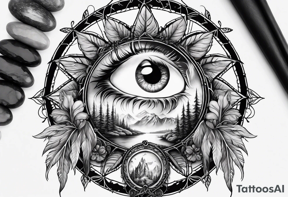 A eyeball with fairies and mushrooms in a dreamcatcher with feathers tattoo idea