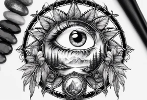 A eyeball with fairies and mushrooms in a dreamcatcher with feathers tattoo idea