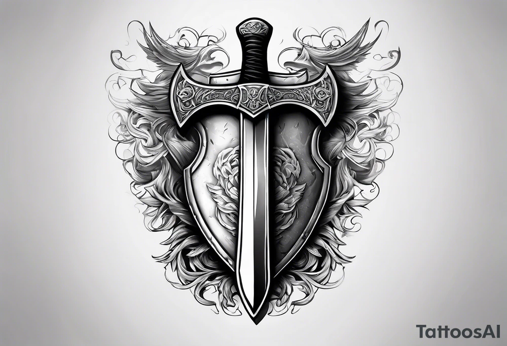 Valhalla sword shield axe mist tattoo idea