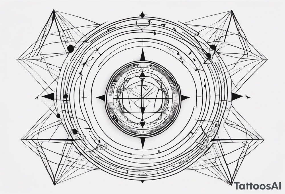 Generate minimalistic tattoo ideas capturing the essence of the following concepts. Theory of relativity, uncertainty principle with Schrodinger's cat, Aum symbol, Speed of light. tattoo idea