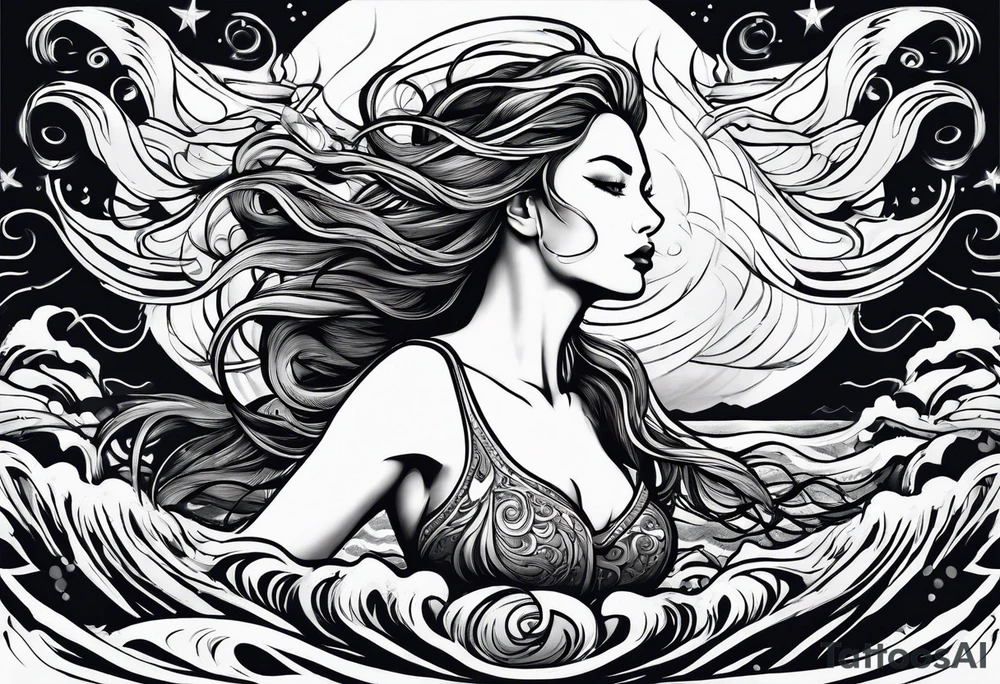 goddess, stormy sea, full length tattoo idea