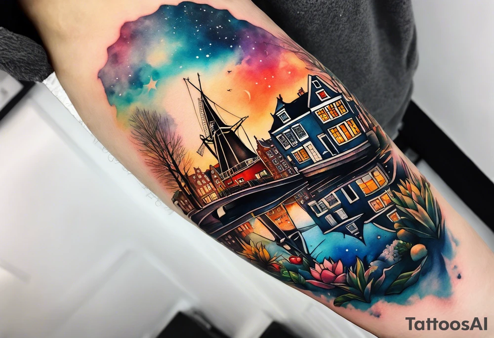 Watercolour style arm tattoo of Amsterdam houses and Amsterdam canal in space featuring wildlife, stag deer and pineapples at the bottom tattoo idea