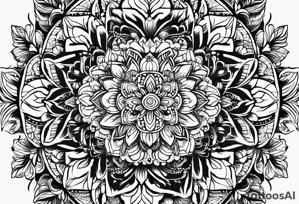 Mirrored style. Mexican flower mandala design minimalist fine line whimsical tattoo idea