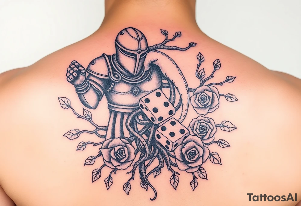 knight and squid intertwined with tree roots and roses rolling dice tattoo idea