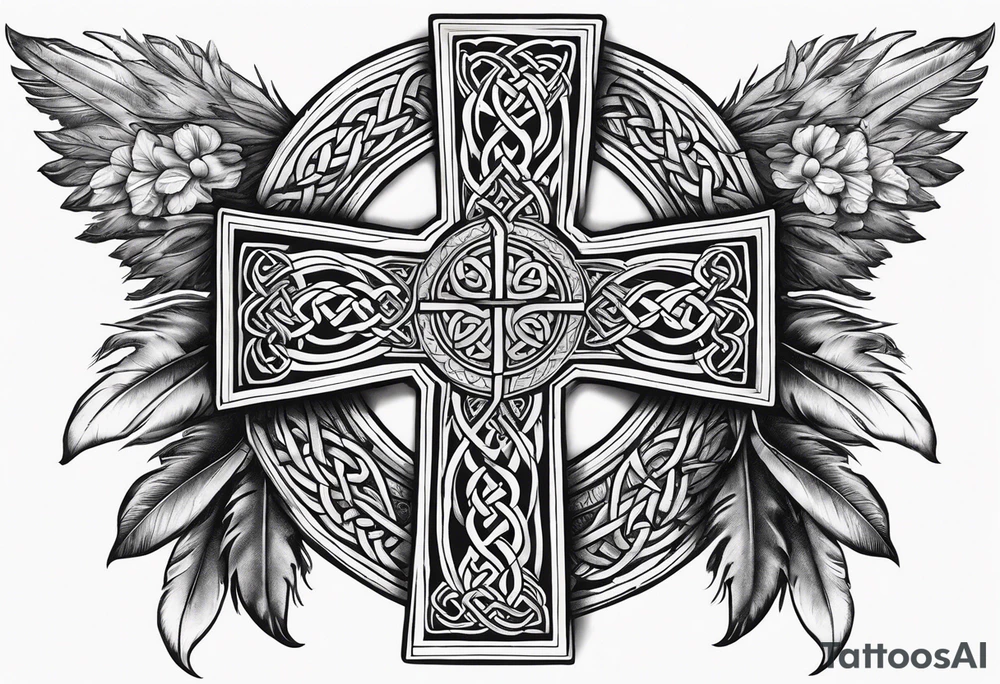 Celtic cross, shamrock in center, one Indian feather hanging from each side arm of cross tattoo idea