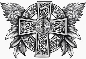 Celtic cross, shamrock in center, one Indian feather hanging from each side arm of cross tattoo idea