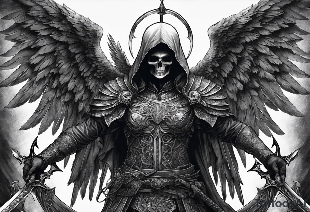 realistic full body of angel of death, no face, face is not visible, with wings holding only one sword in both hands, the edge of the sword is killing the skull tattoo idea