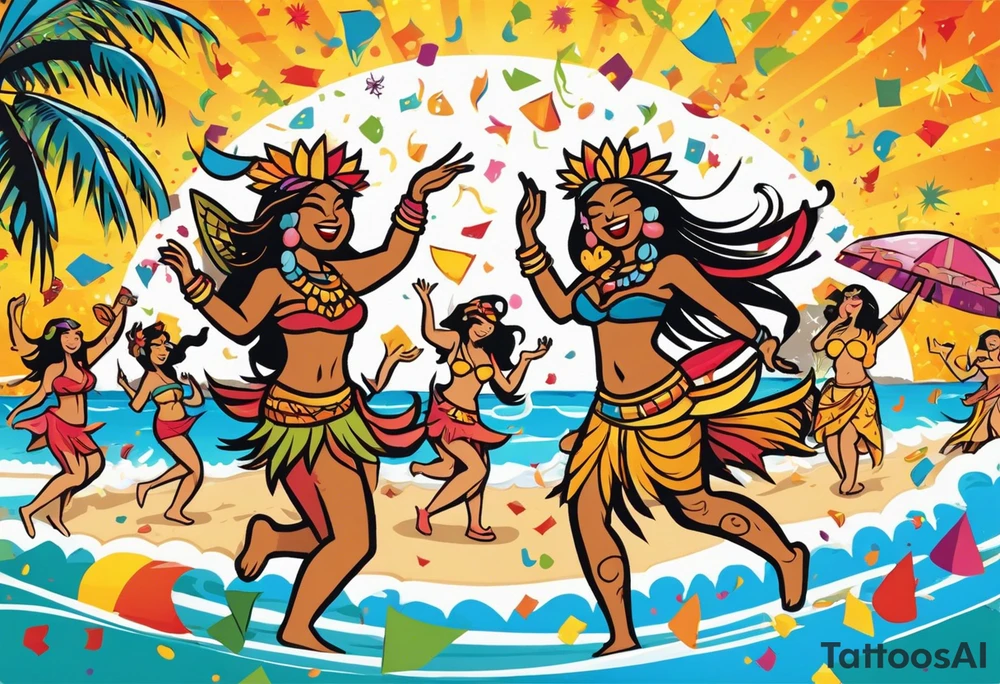 dancing tiki gods and hula girls on the left and right side of a beach party scene with confetti and music notes with a setting sun in the center of the image tattoo idea