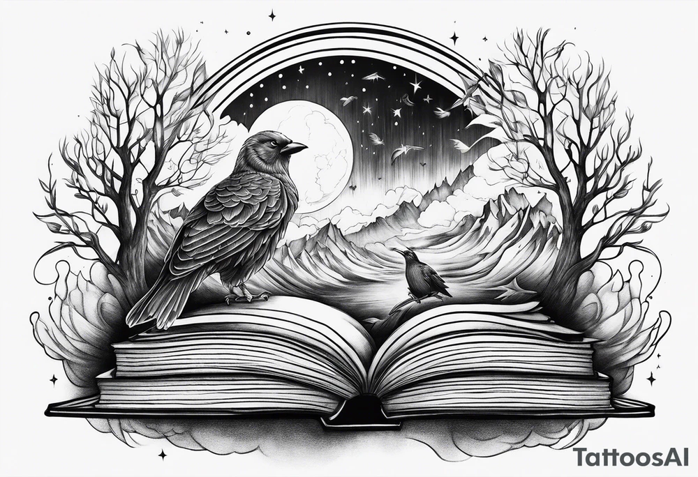 Northern lights with Pennywise and birds and books tattoo idea