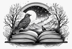 Northern lights with Pennywise and birds and books tattoo idea