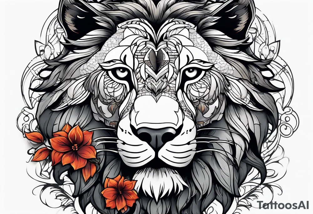 A lion, a Wolf and an owl in black, the background in color. tattoo idea