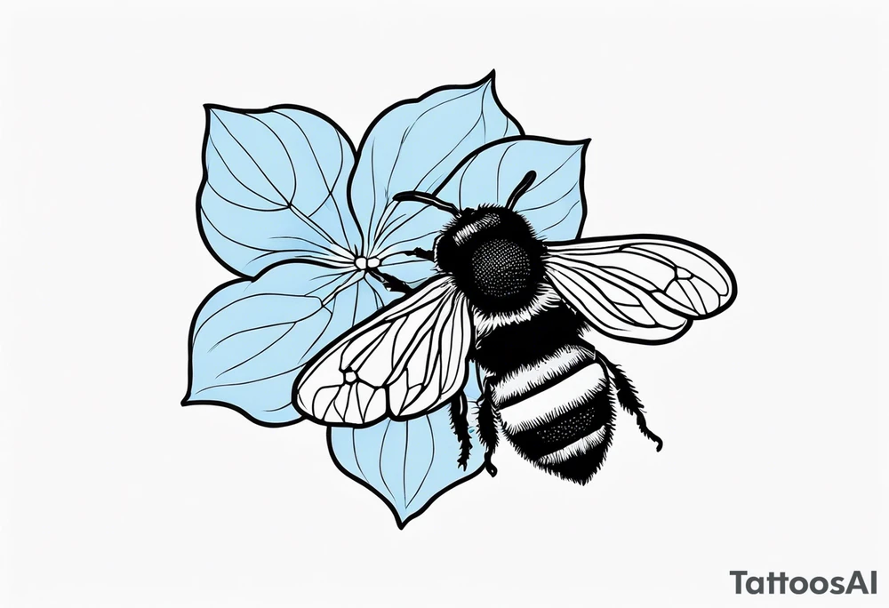 Small minimalist tattoo for forearm of a blue Hydrangea and a very small bee. tattoo idea