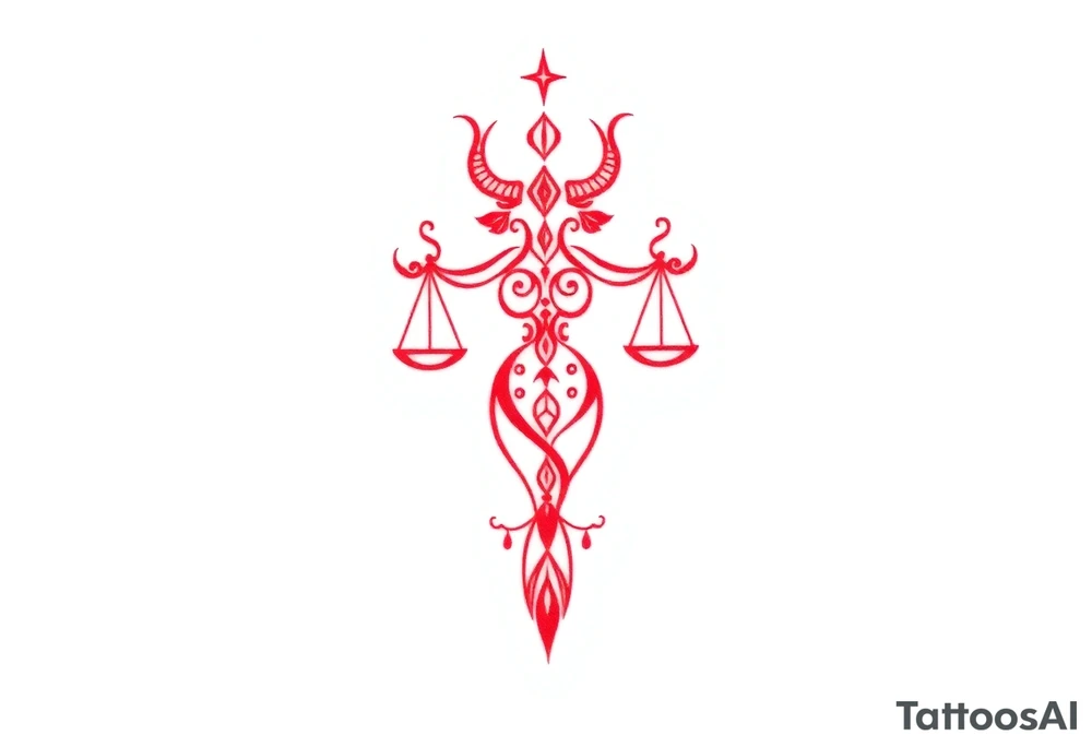 Tattoo that combines the star sign Taurus and Libra ,in red , down the spine tattoo idea