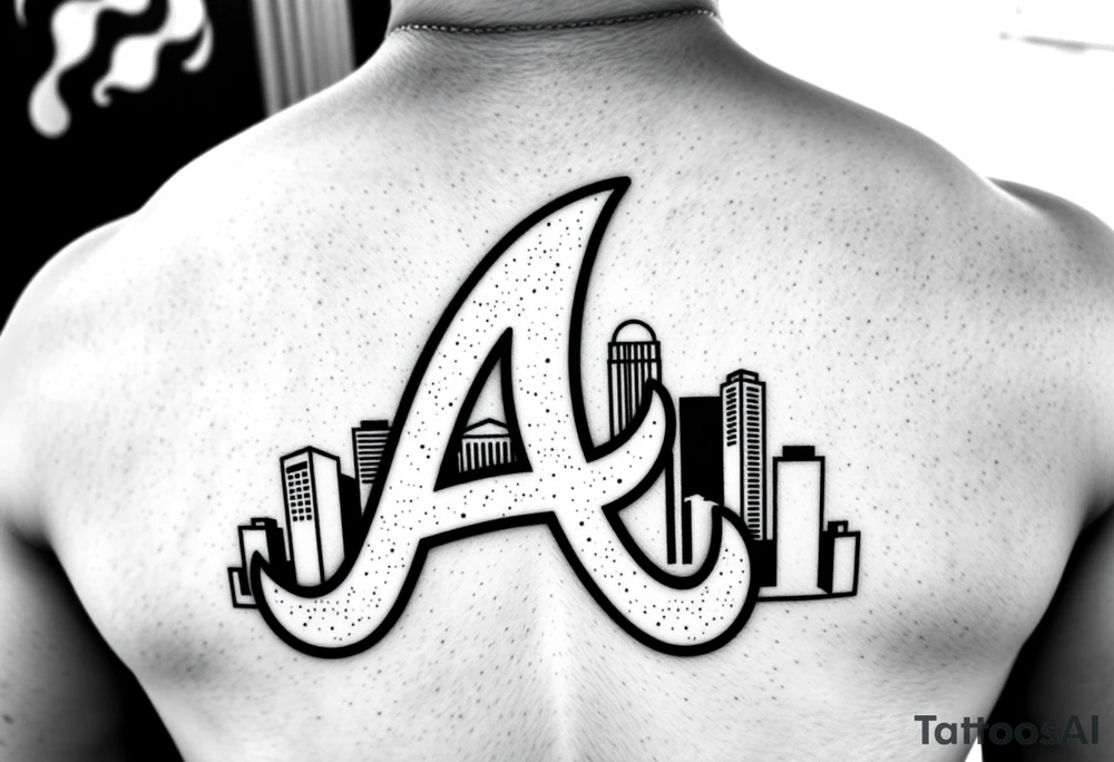 Atlanta Braves letter logo “A” overlapping the Atlanta skyline in the back on the middle. The buildings are concise and jam packed parallel to the logo. tattoo idea