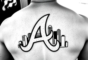 Atlanta Braves letter logo “A” overlapping the Atlanta skyline in the back on the middle. The buildings are concise and jam packed parallel to the logo. tattoo idea