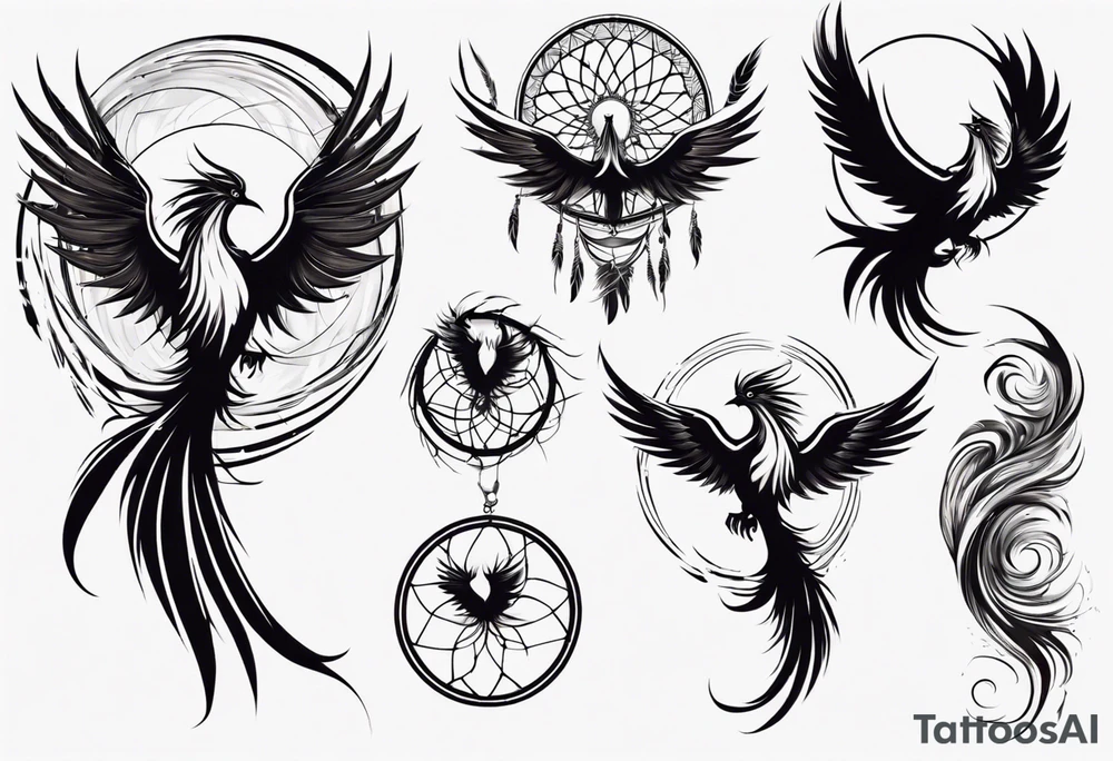 Vertical angry flying Phoenix with wings blending into circles and a long abstract dream catcher feather tail tattoo idea