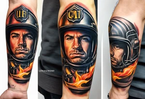 A forearm tattoo that includes firefighter tools and a firefighter helmet tattoo idea