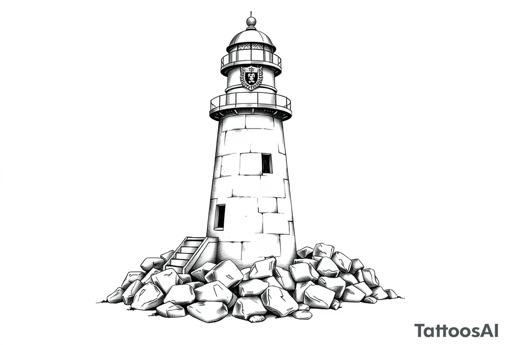 a whole lighthouse with a coat of arms incorporated into the roof without stones on the ground tattoo idea