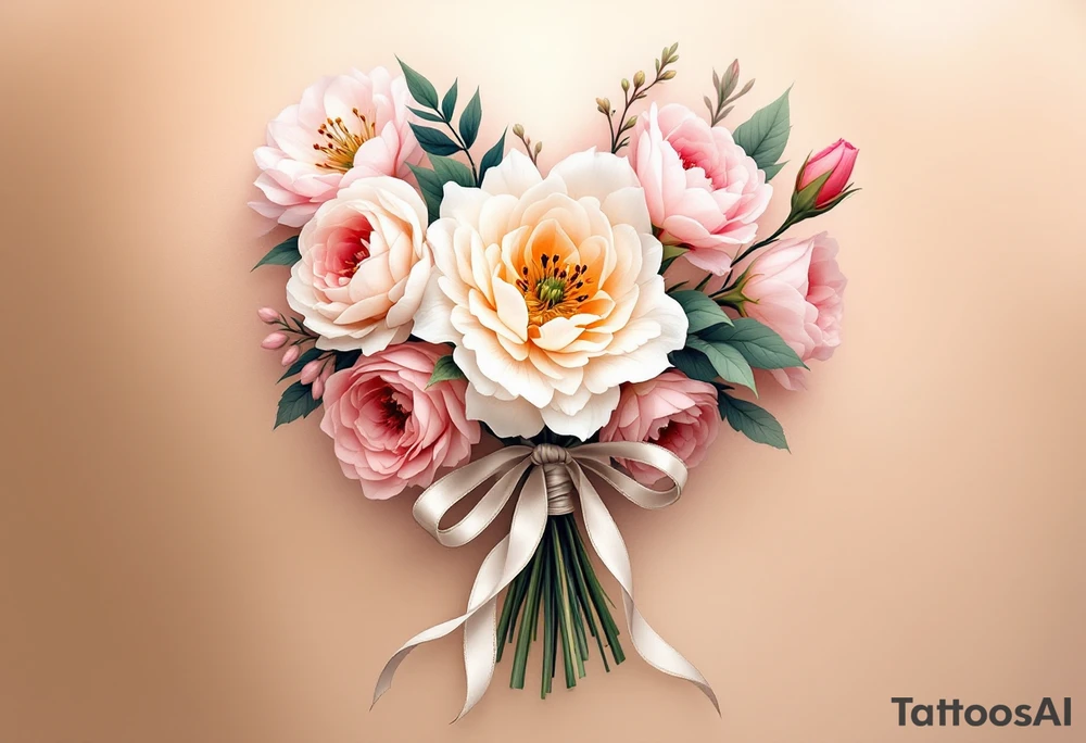 Description: A delicate bouquet of roses, peonies, and lilies tied together with a soft, flowing ribbon. The bouquet is gently resting in the shape of a heart.
Meaning: Represents the beauty and joy of marriage, as well as the bride’s special day.
Colors: Soft pinks, ivory, light green, and a pop of burgundy for depth, with a silver ribbon. tattoo idea