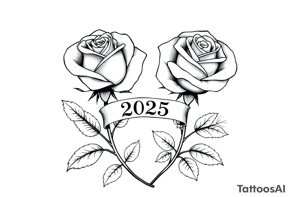 two beautiful large rose buds, one larger than the other, with many leaves next to the rose buds, with one sitting higher than the other. Include a banner connecting the two roses with the year "2025" on it.   Use dark outlines with little shading. The two stems should be short, not long, and connect and join into one stem, whimsically curved or twisted - not straight down. tattoo idea