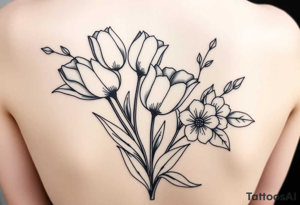 tulips and love creepers, floral arm wrap details tattoo idea