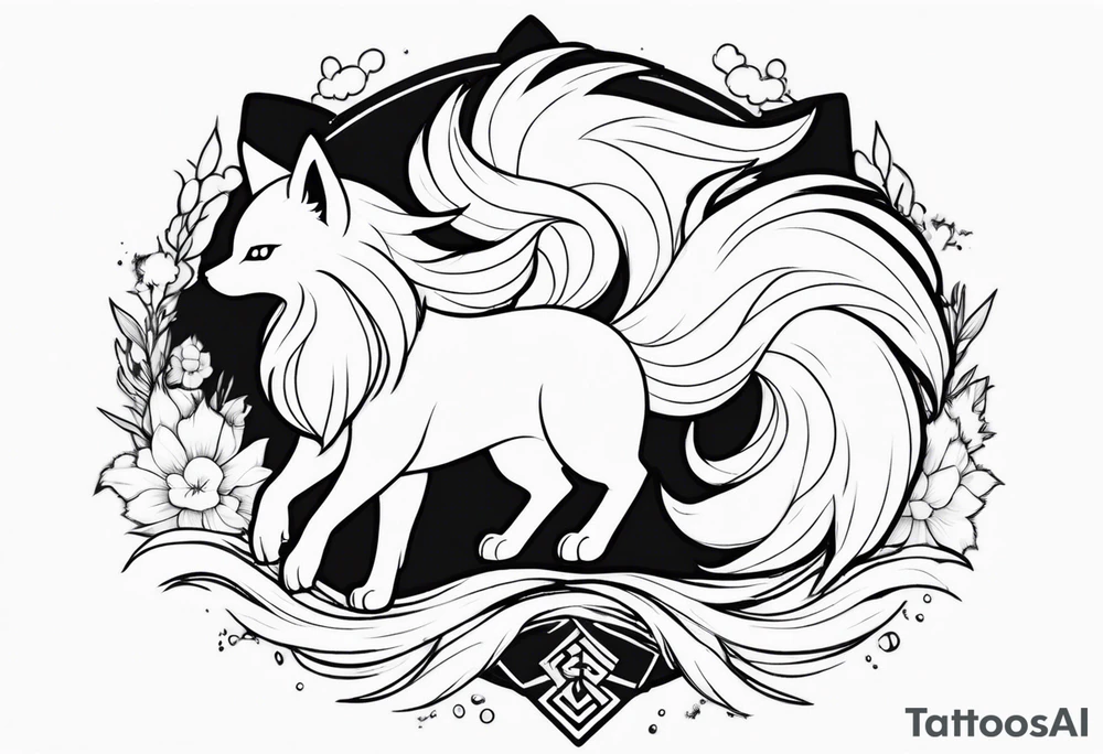 ninetails facing us, small and cute, it's in the center while the tails are surrounding the background tattoo idea